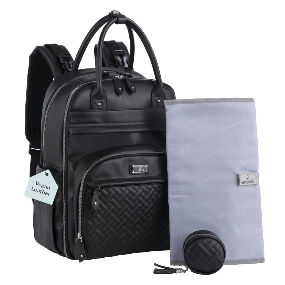 BabbleRoo leather diaper bag backpack front view in black, stylish everyday use.