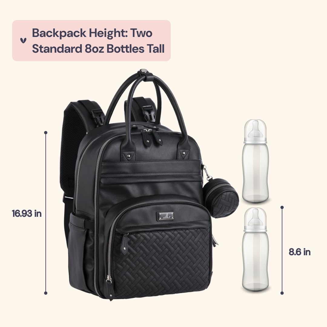 BabbleRoo leather diaper bag backpack side view highlighting ample storage.