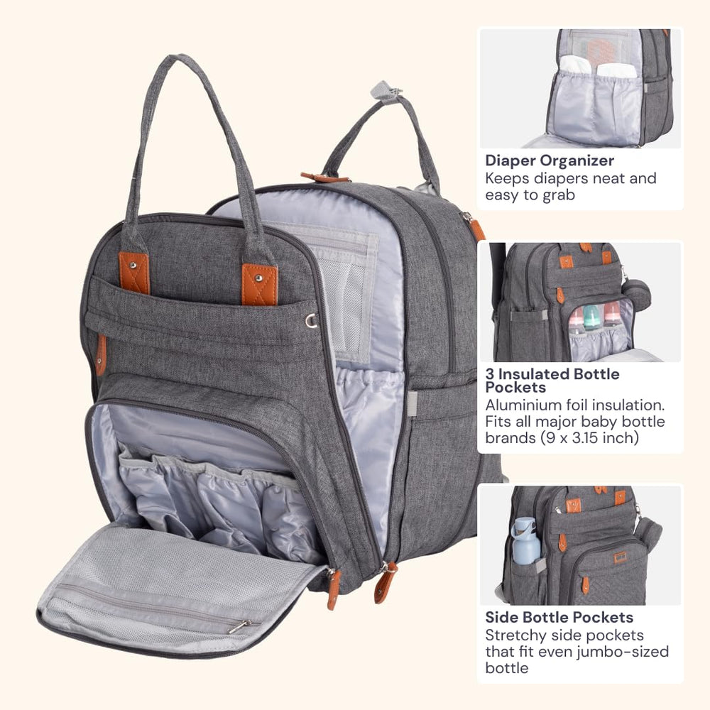 Stroller straps on BabbleRoo diaper bag for hands-free travel.
