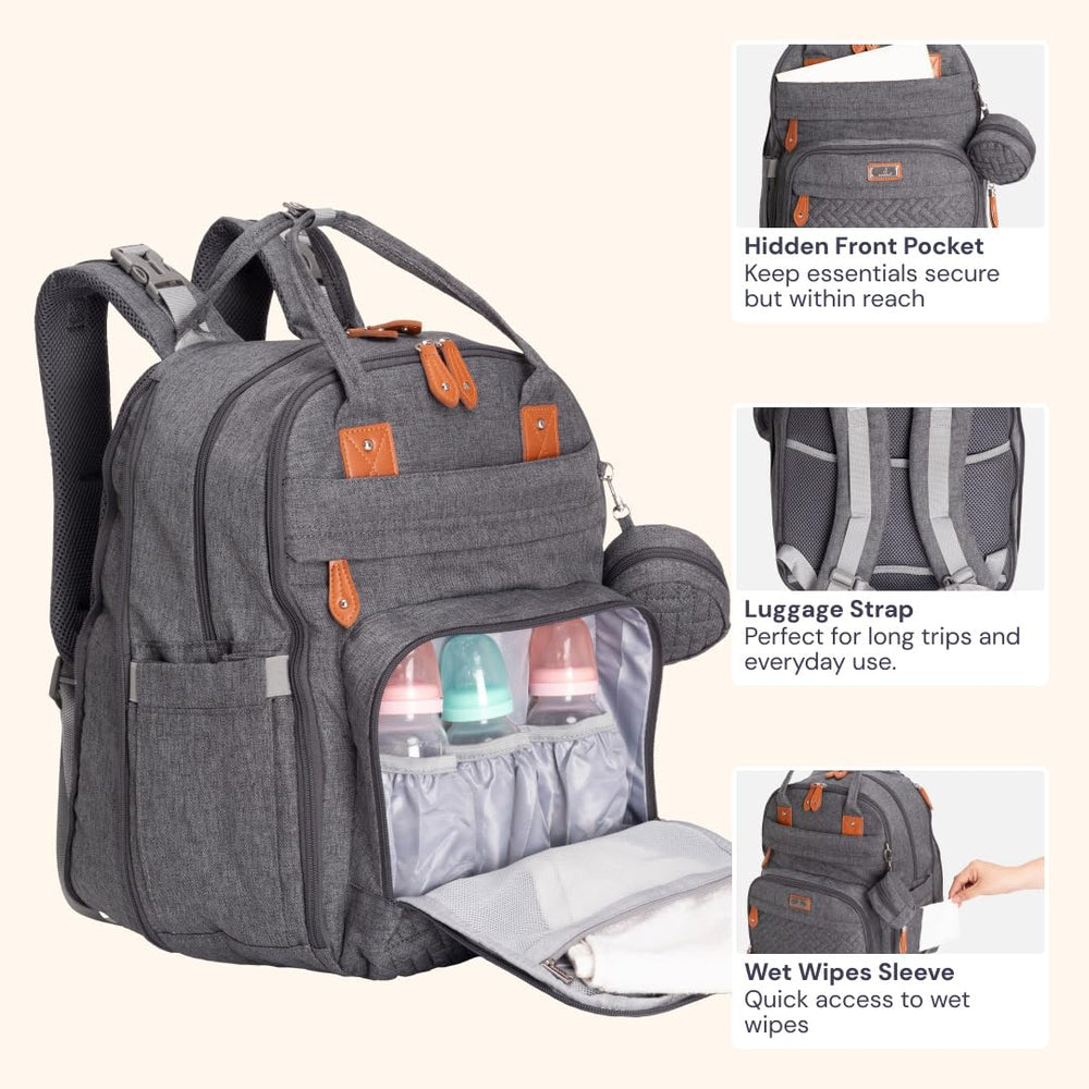 Two main compartments and five insulated pockets in BabbleRoo diaper bag.