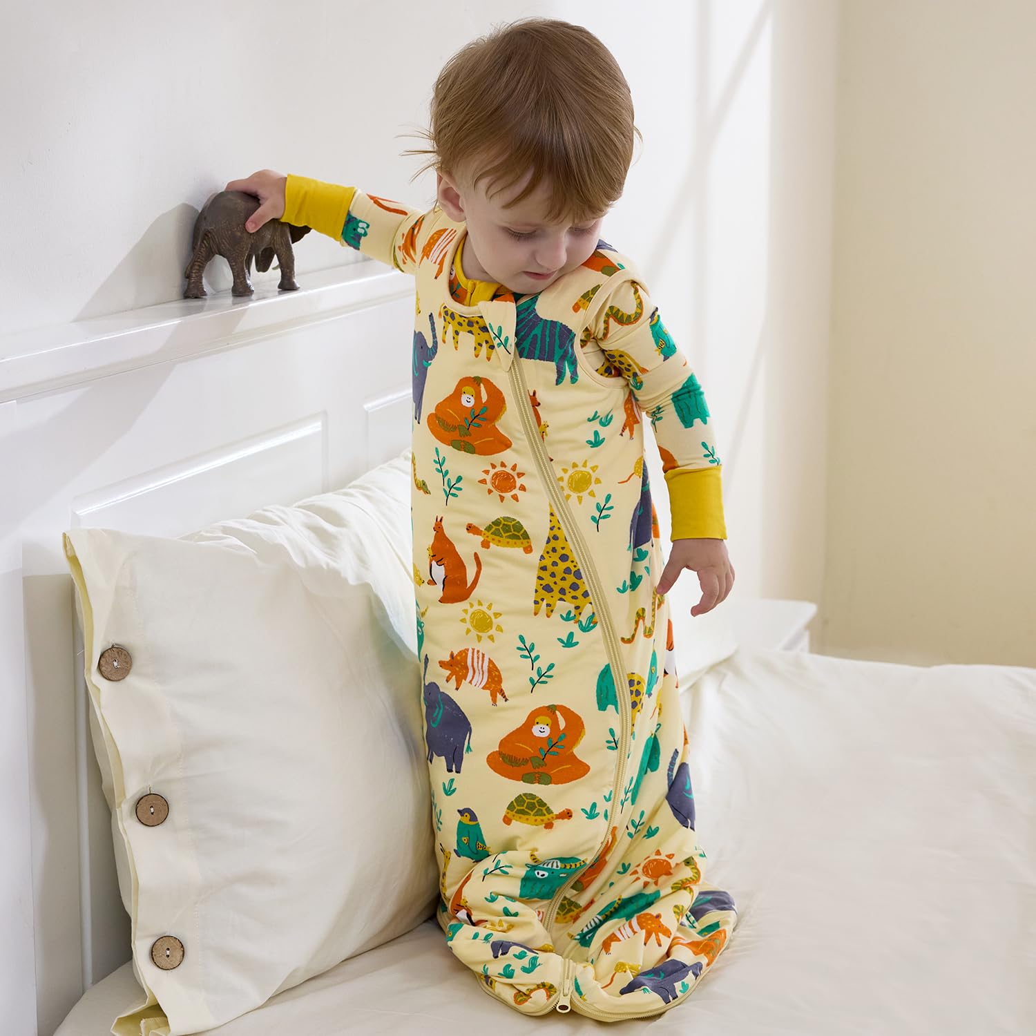Bright hand-drawn prints on Babee Reshinee sleep sack for everyday wear