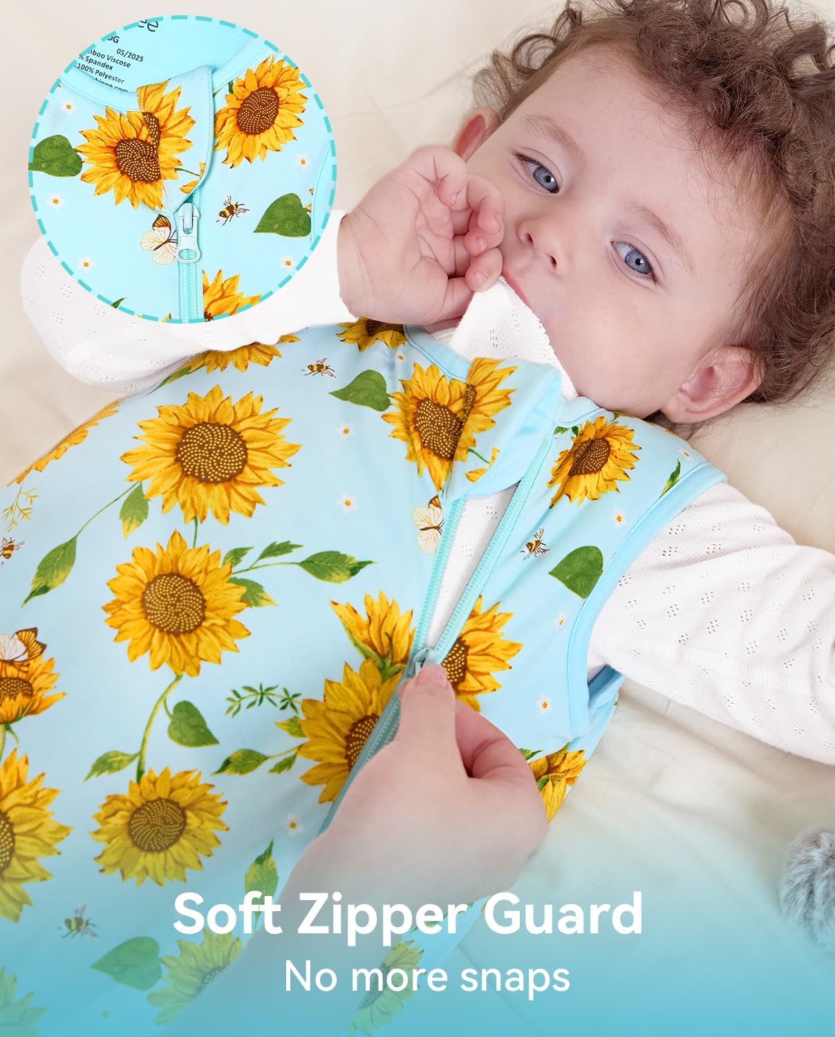 Babee Reshinee bamboo sleep sack guard-free zipper design protects skin.