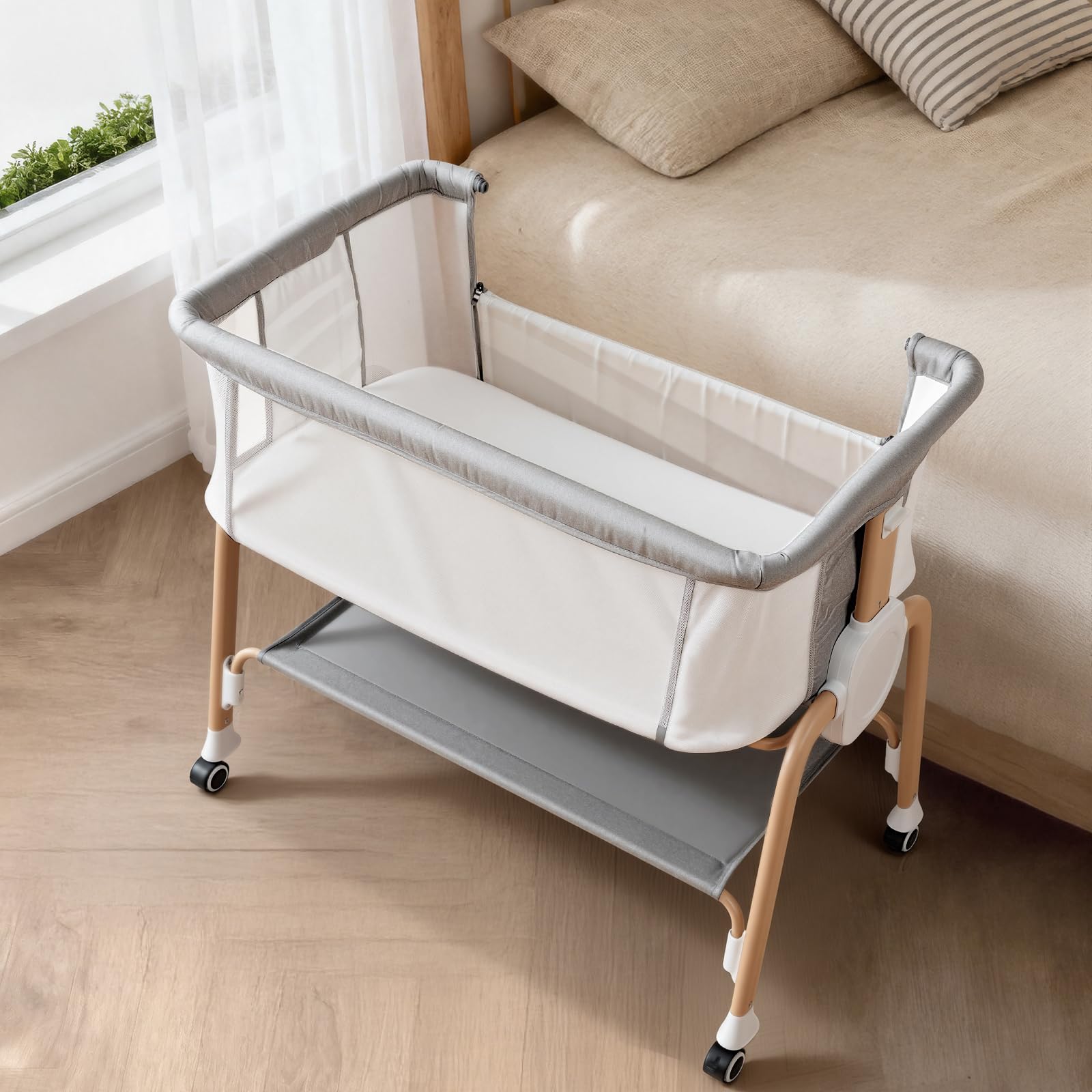 Babehop bedside bassinet wheels glide quietly for easy nighttime repositioning