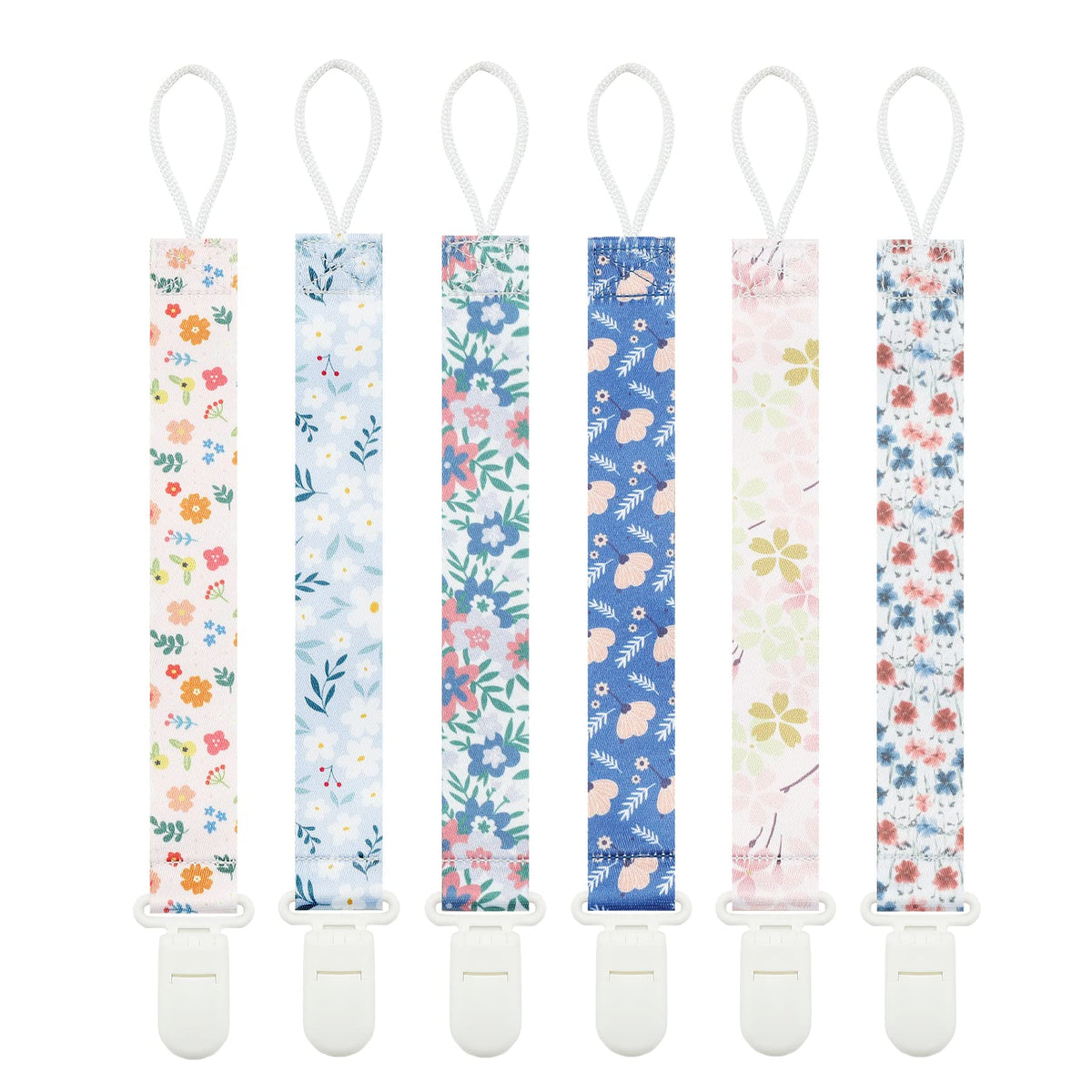 Babeine Floral Pacifier Clip pattern 1 secures a pacifier to clothes for mess-free outings.