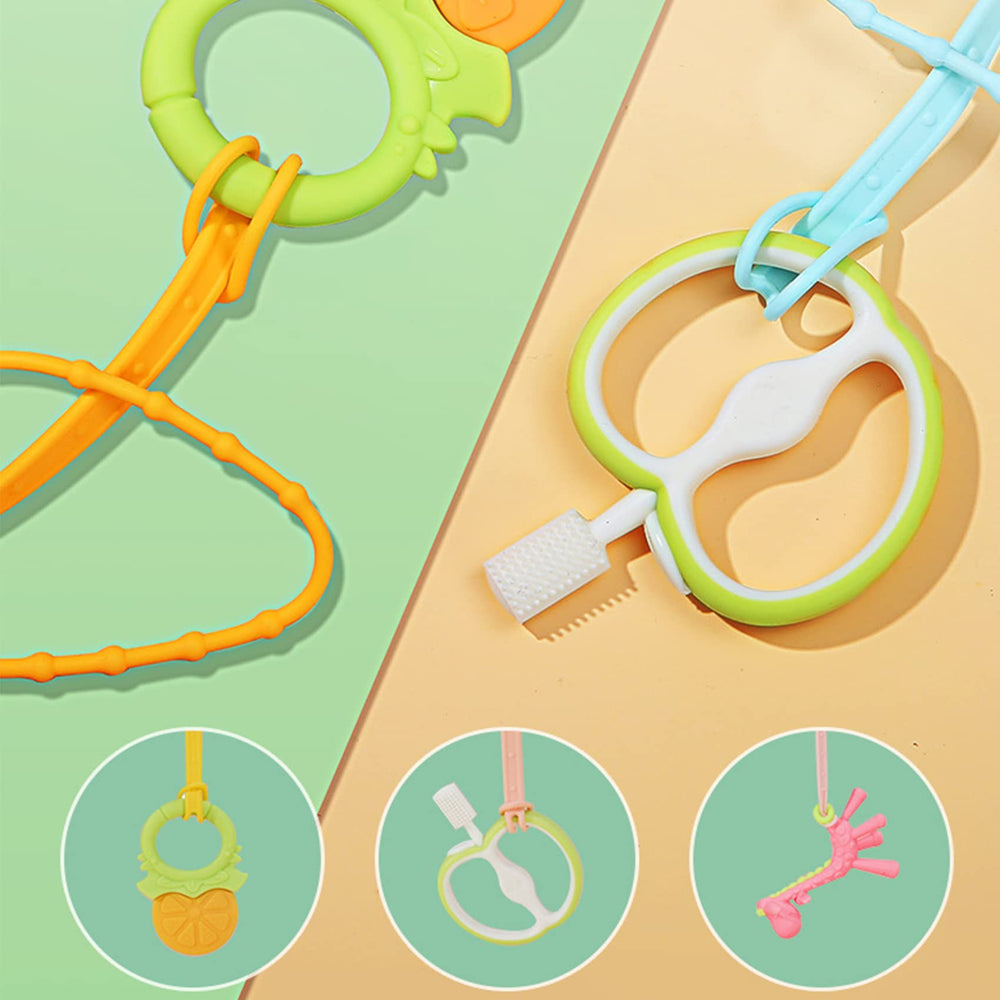 Yellow Babeine straps help keep items within reach on high chairs.
