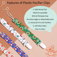 Babeine snowflake pacifier clip keeps pacifier secure on clothing.