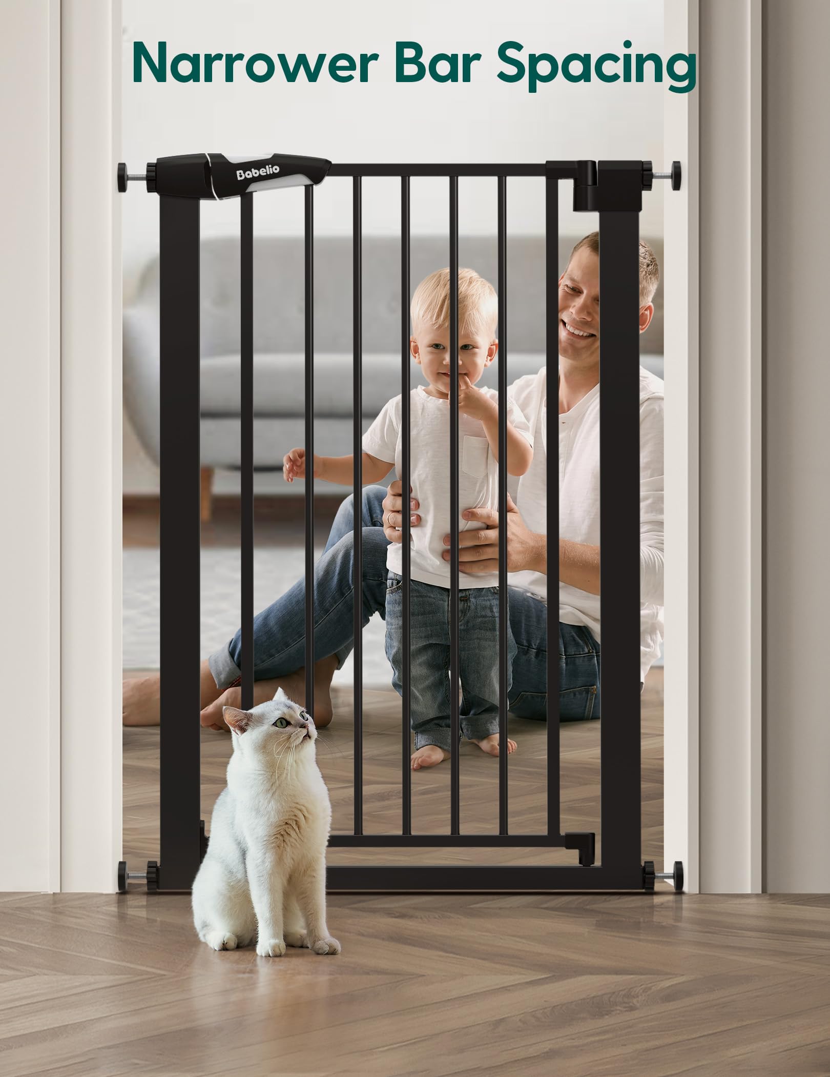 BABELIO 36-inch gate illustrating pressure-mounted installation without wall damage.