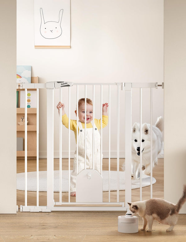 Babelio 36 tall auto-close baby gate with cat door, front view enhances safety and access
