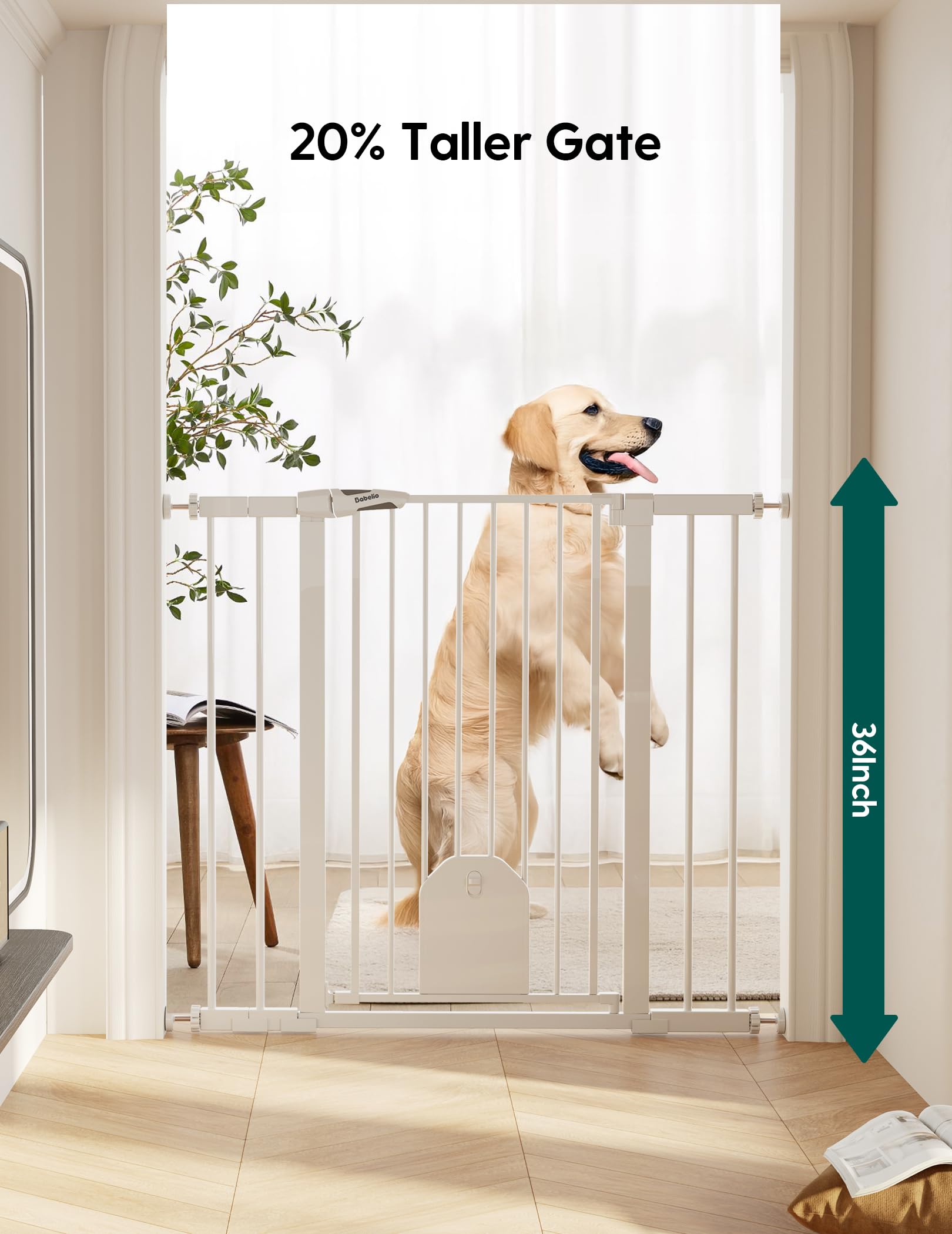 Babelio 36 tall auto-close baby gate with cat door, side view shows width adjustability