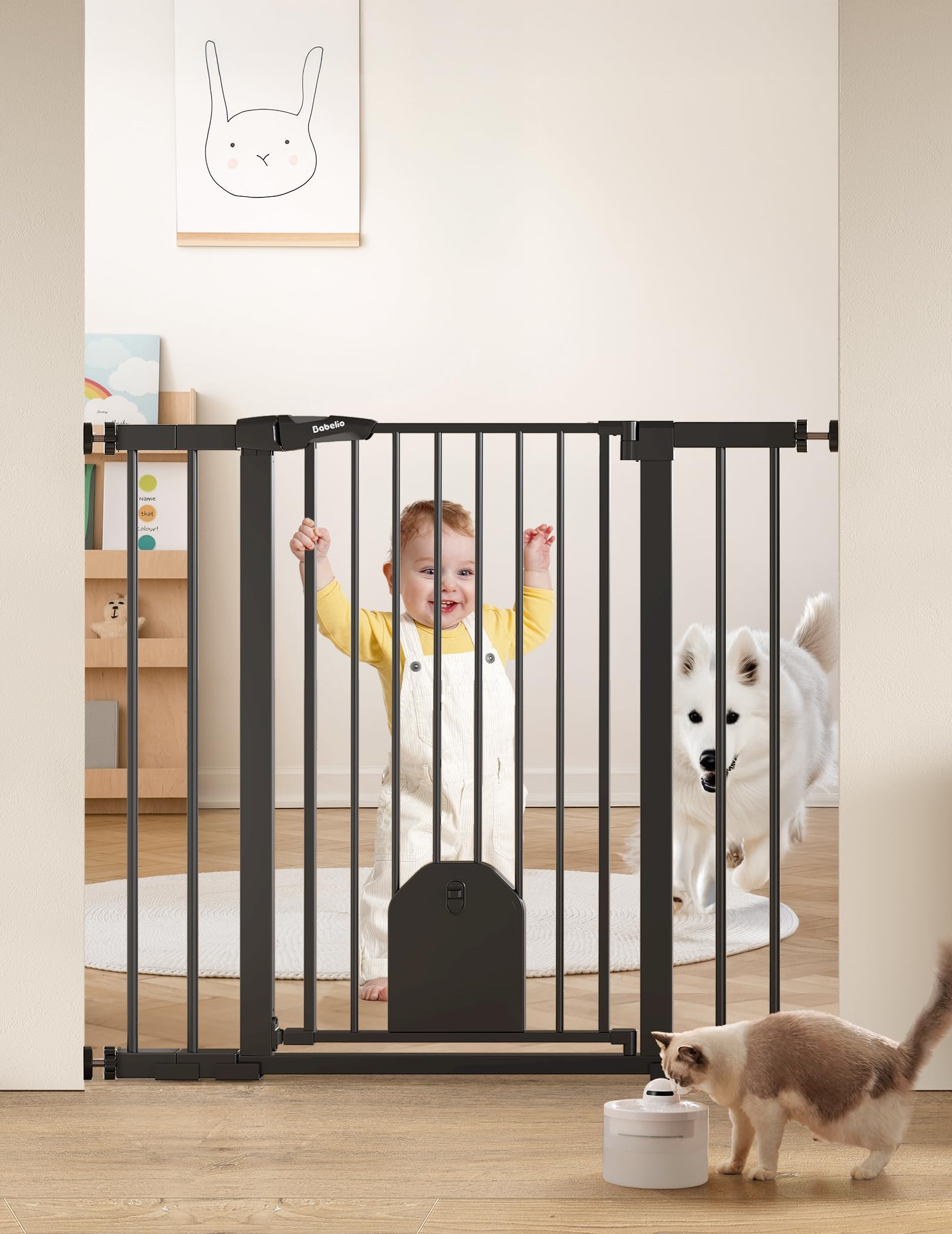 BABELIO 36-inch tall gate with cat door secures stairs and doorways for families with pets.