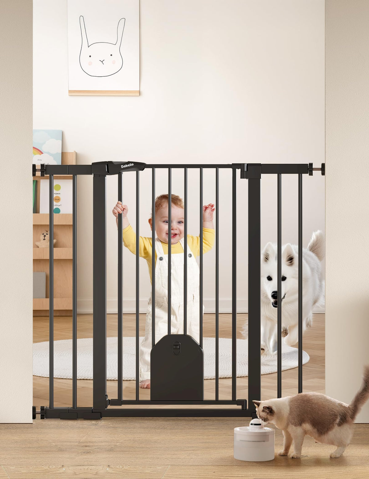 BABELIO 36-inch tall gate with cat door secures stairs and doorways for families with pets.