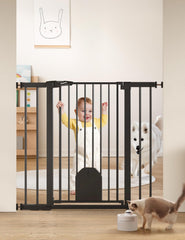 BABELIO 36-inch tall gate with cat door secures stairs and doorways for families with pets.