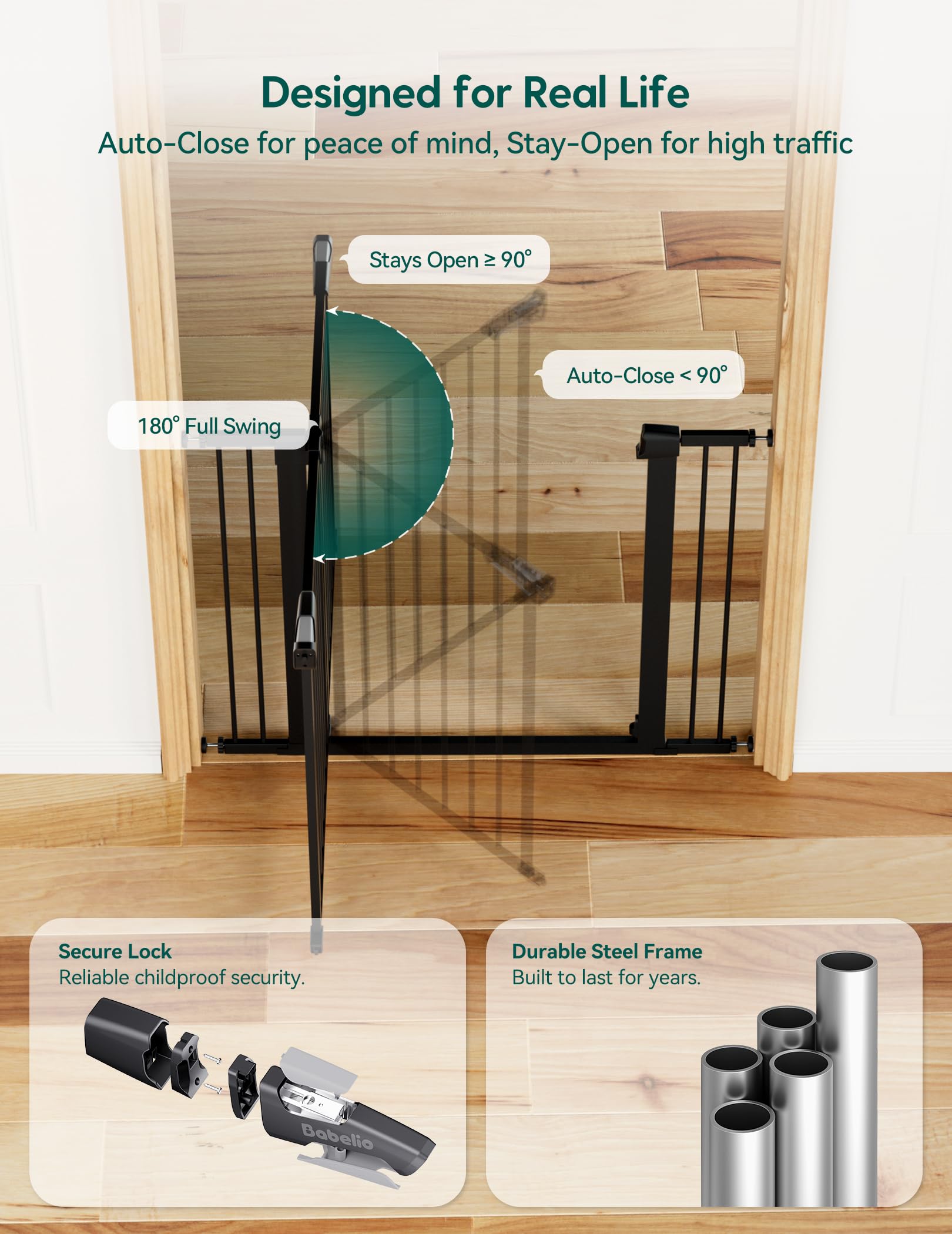 BABELIO auto-close feature demonstrated, gate gently closes after passing.