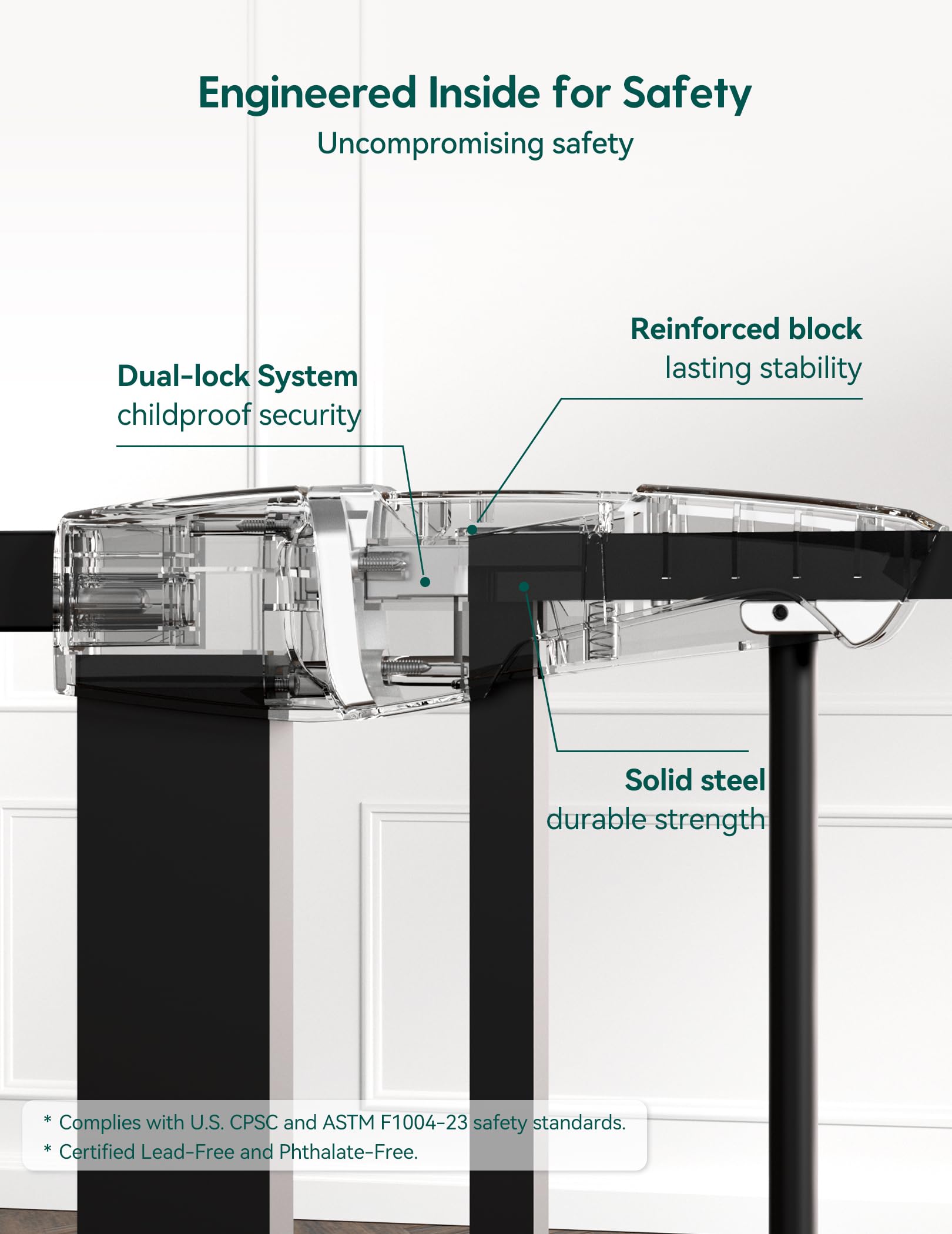 BABELIO walk-through door pictured, lets adults pass with one hand.