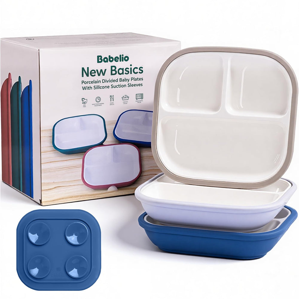BABELIO 8-inch toddler porcelain plate with suction on a high-chair tray keeps meals neat.