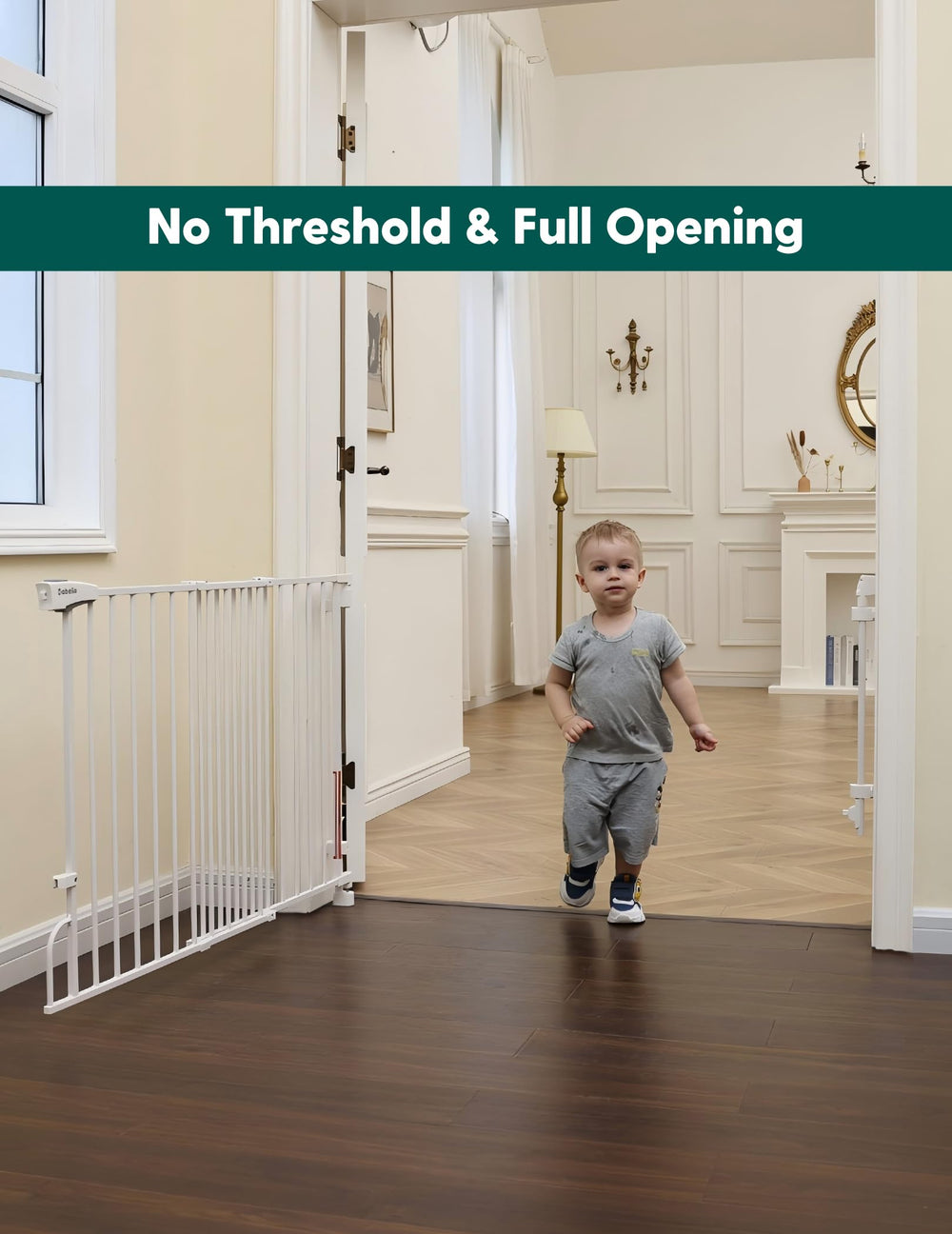BABELIO auto-close gate in white shows smooth one-hand operation for busy homes.