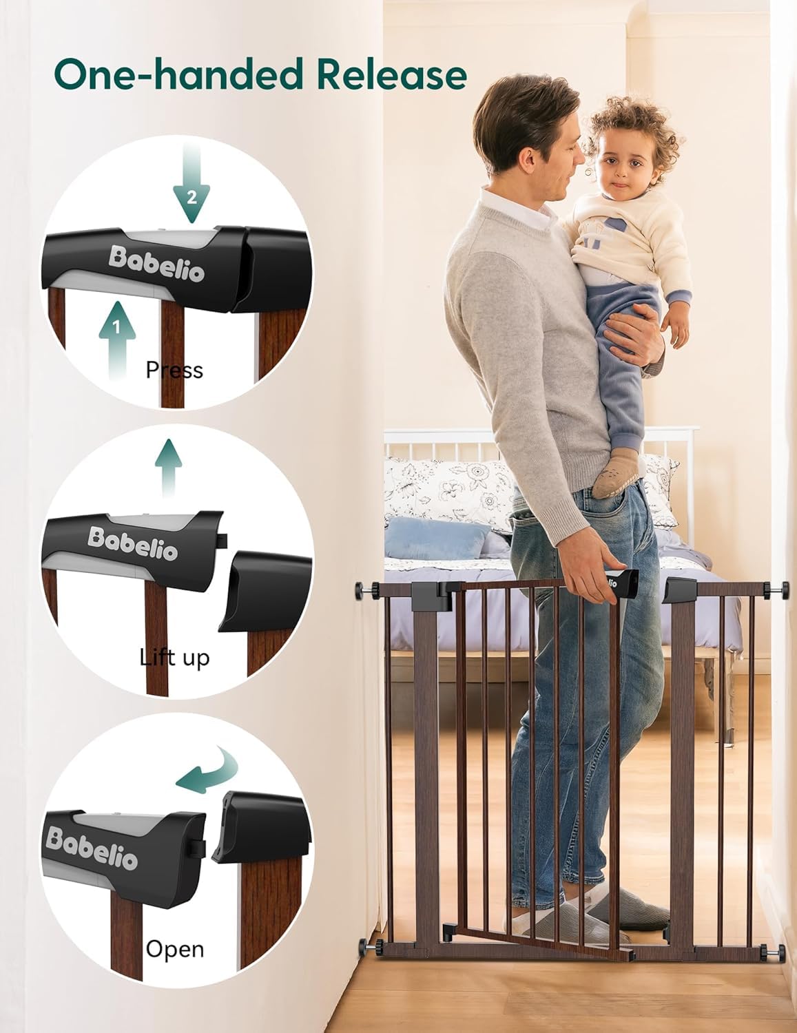 BABELIO auto-close latch shown with one-handed release for adults