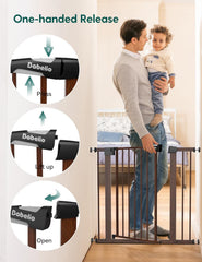 BABELIO auto-close latch shown with one-handed release for adults
