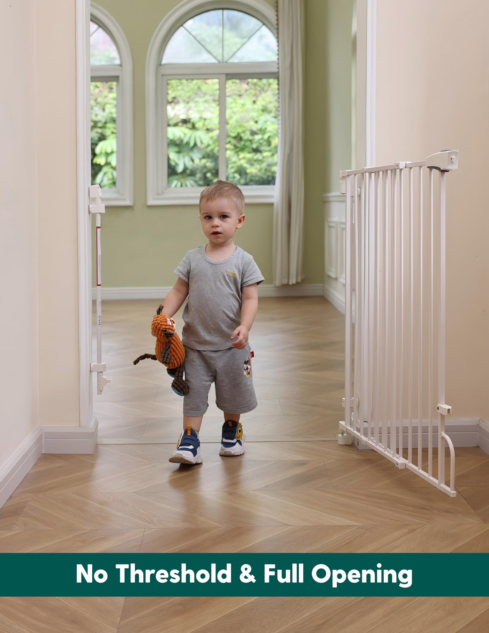 BABELIO auto-close gate with stay-open option for hands-free use.