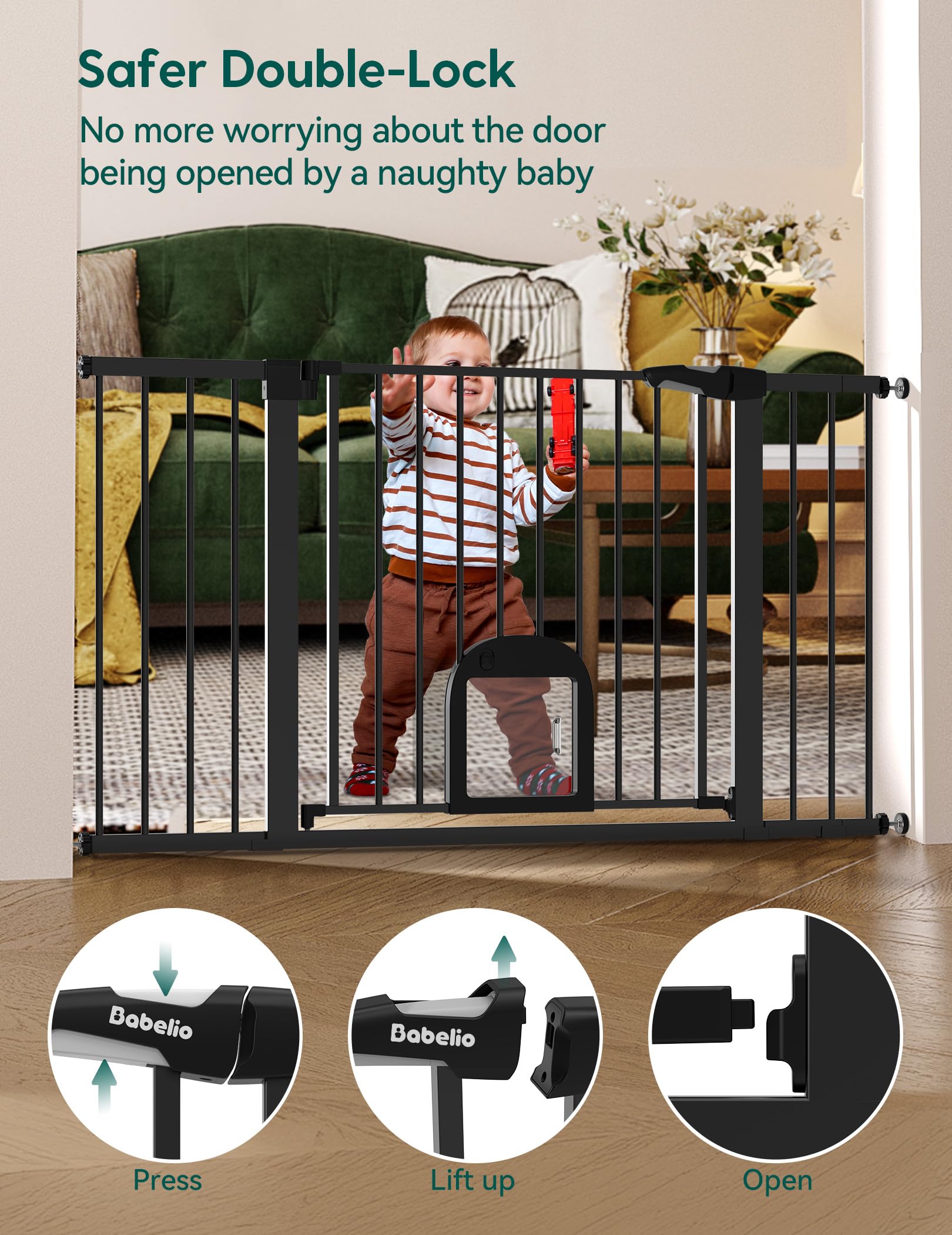 BABELIO auto-close two-way swing gate promotes convenient one-handed use.