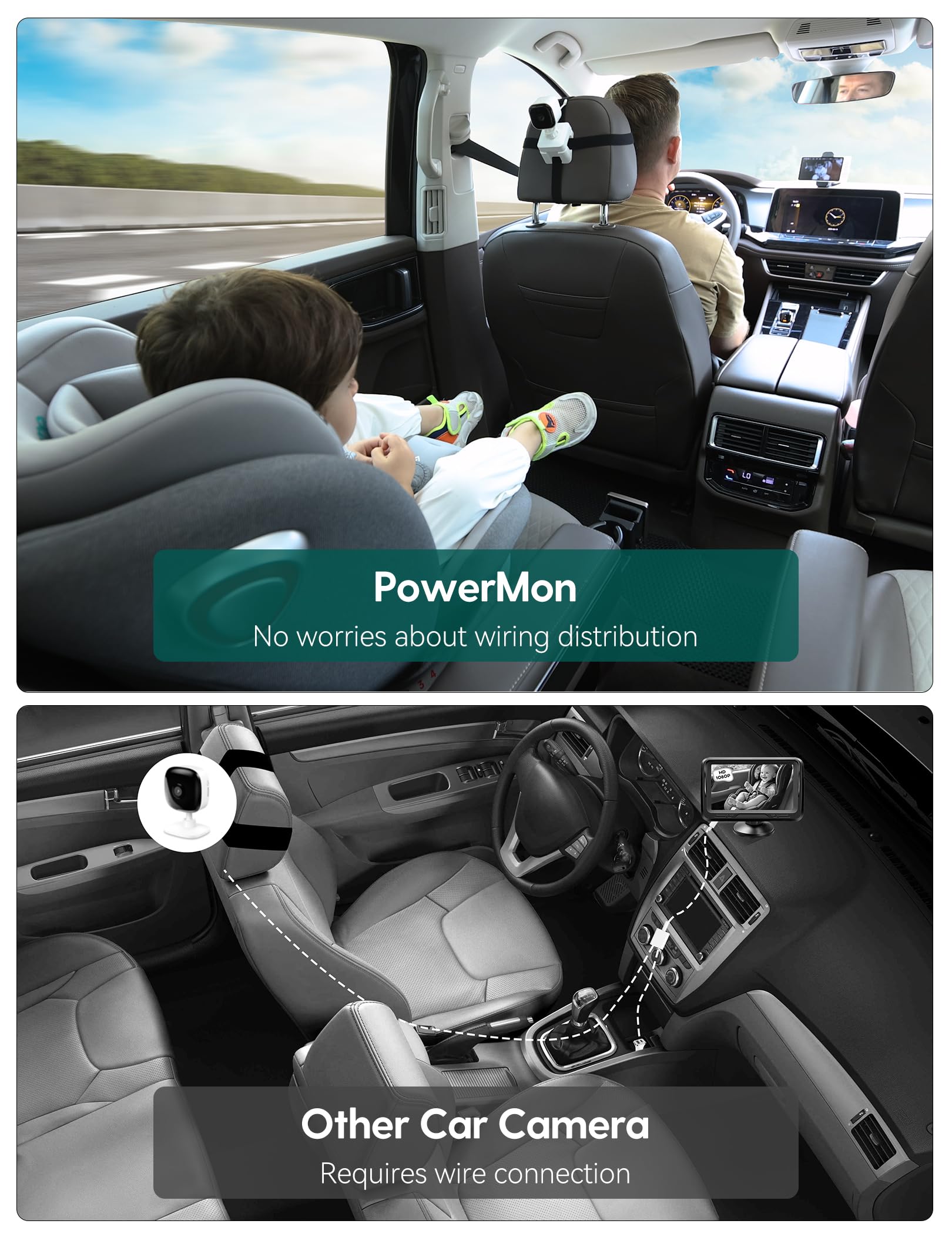 BABELIO baby car camera 360-degree rotatable view for flexible in-vehicle monitoring.