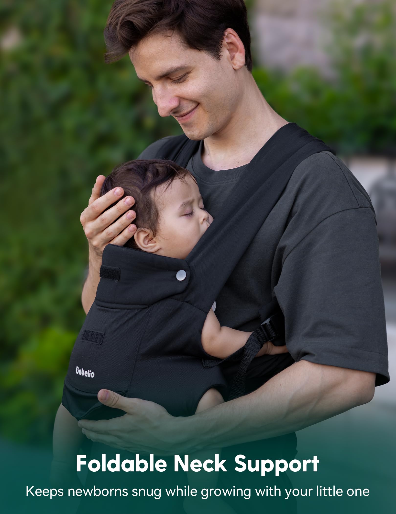 BABELIO foldable neck support keeps baby's head stable and view clear.