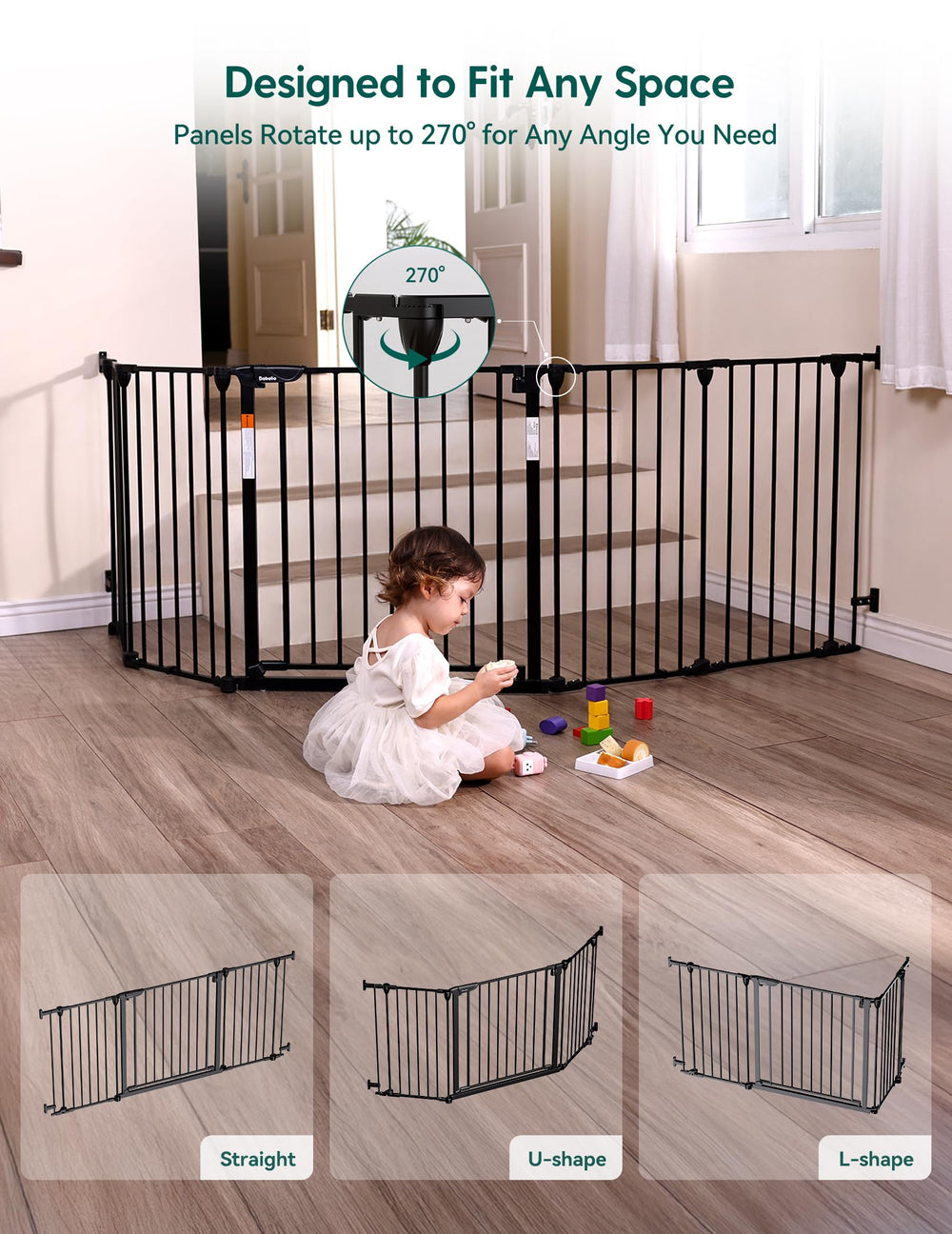 BABELIO gate with 270-swivel hinges enabling Z/U shape installation.