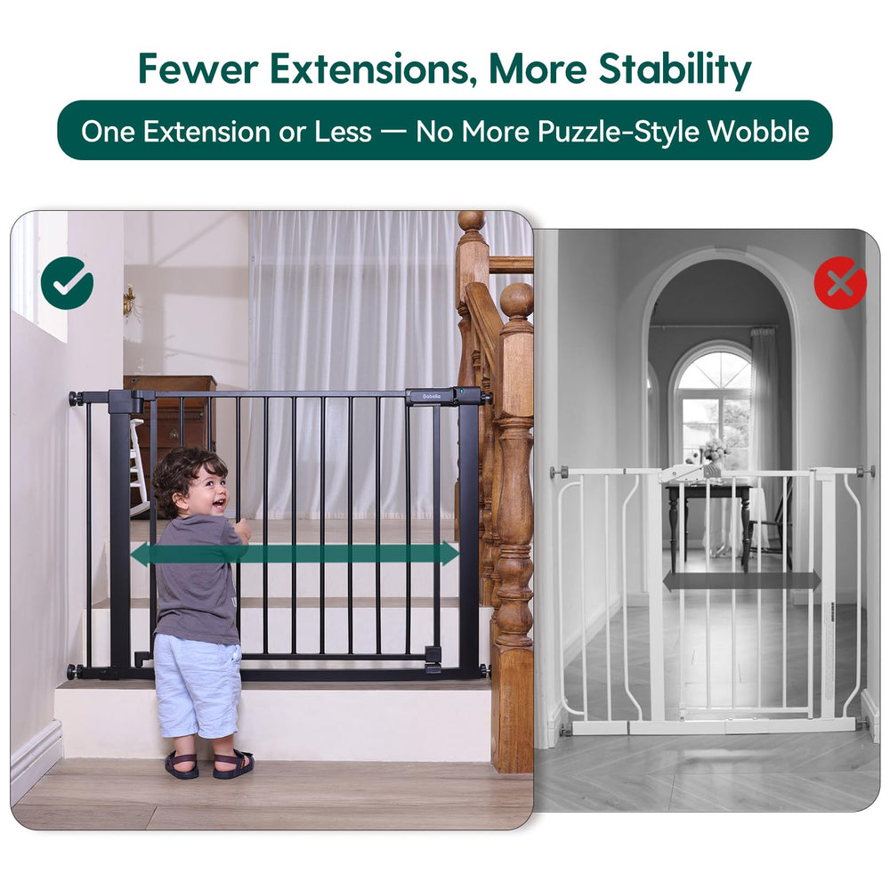 Auto-close feature ensures the gate closes and stays open at 90 degrees for hands-free use.