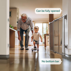 BABELIO auto-close gate with stay-open option for hands-free use