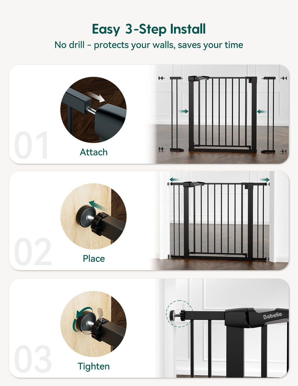 BABELIO baby gate auto-close for hands-free passage.