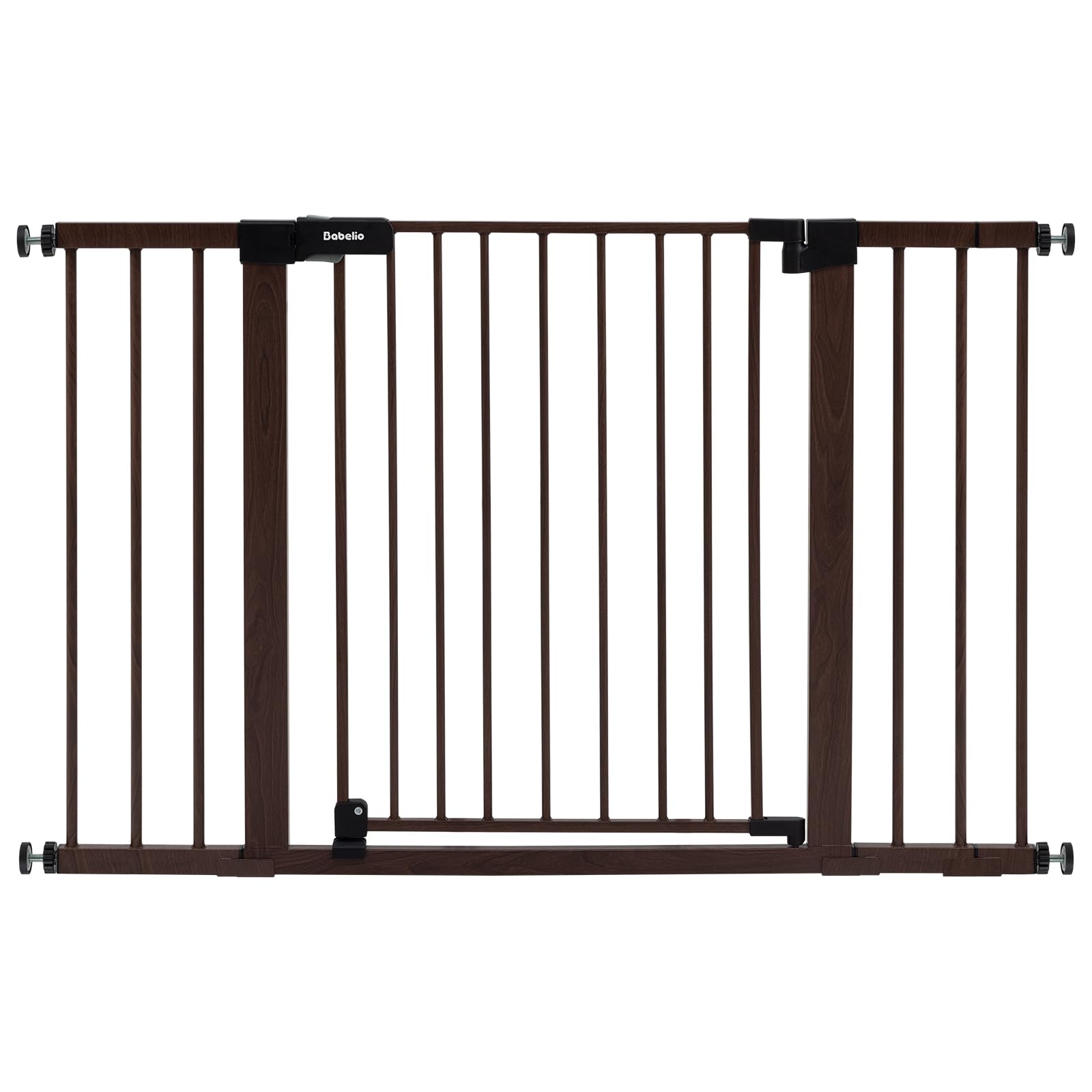 Babelio Baby Gate close-up shows black wood pattern and doorway safety.