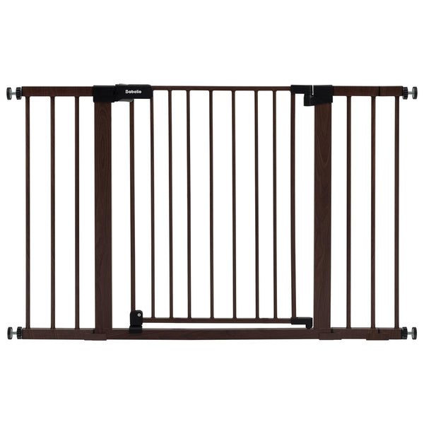 Babelio Baby Gate close-up shows black wood pattern and doorway safety.