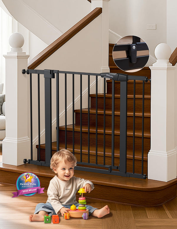 BABELIO baby gate extensions demonstrate adjustable width for 29-43 inch openings, enabling flexible layouts.