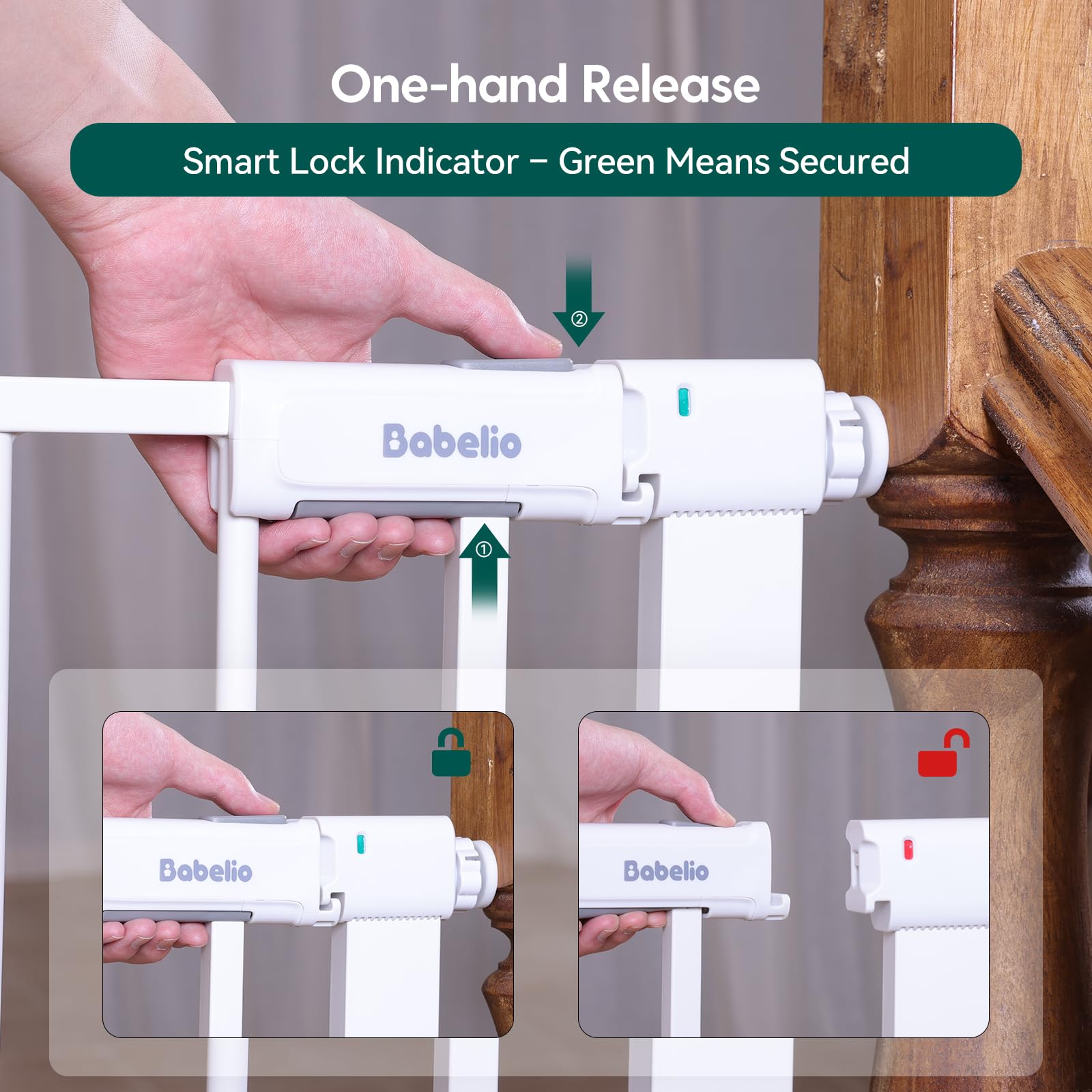 BABELIO lock indicator shows red unlocked and green locked for quick checks.