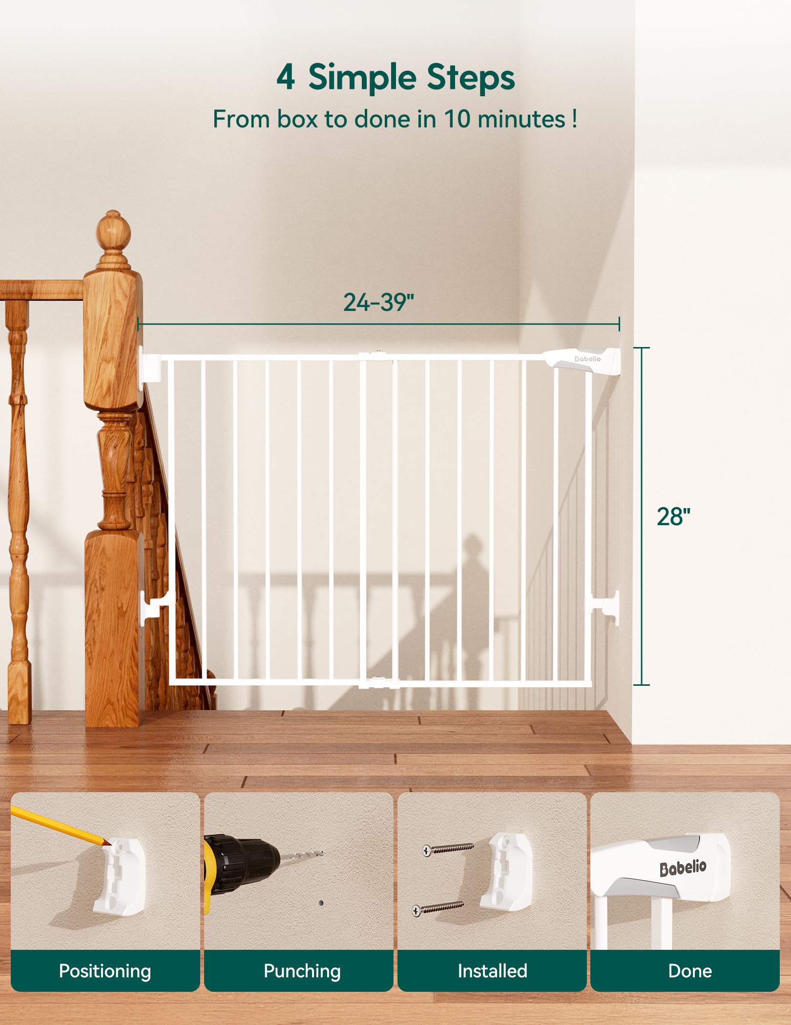 BABELIO white gate complements stairs and doorways with a clean look.