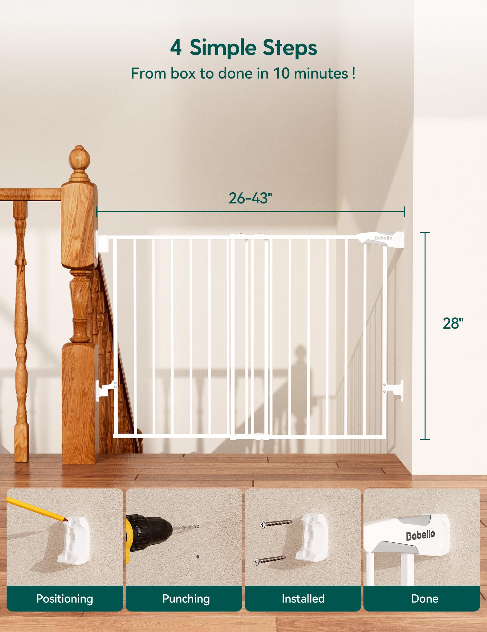 Babelio Baby Gate double lock system prevents curious toddlers from opening.