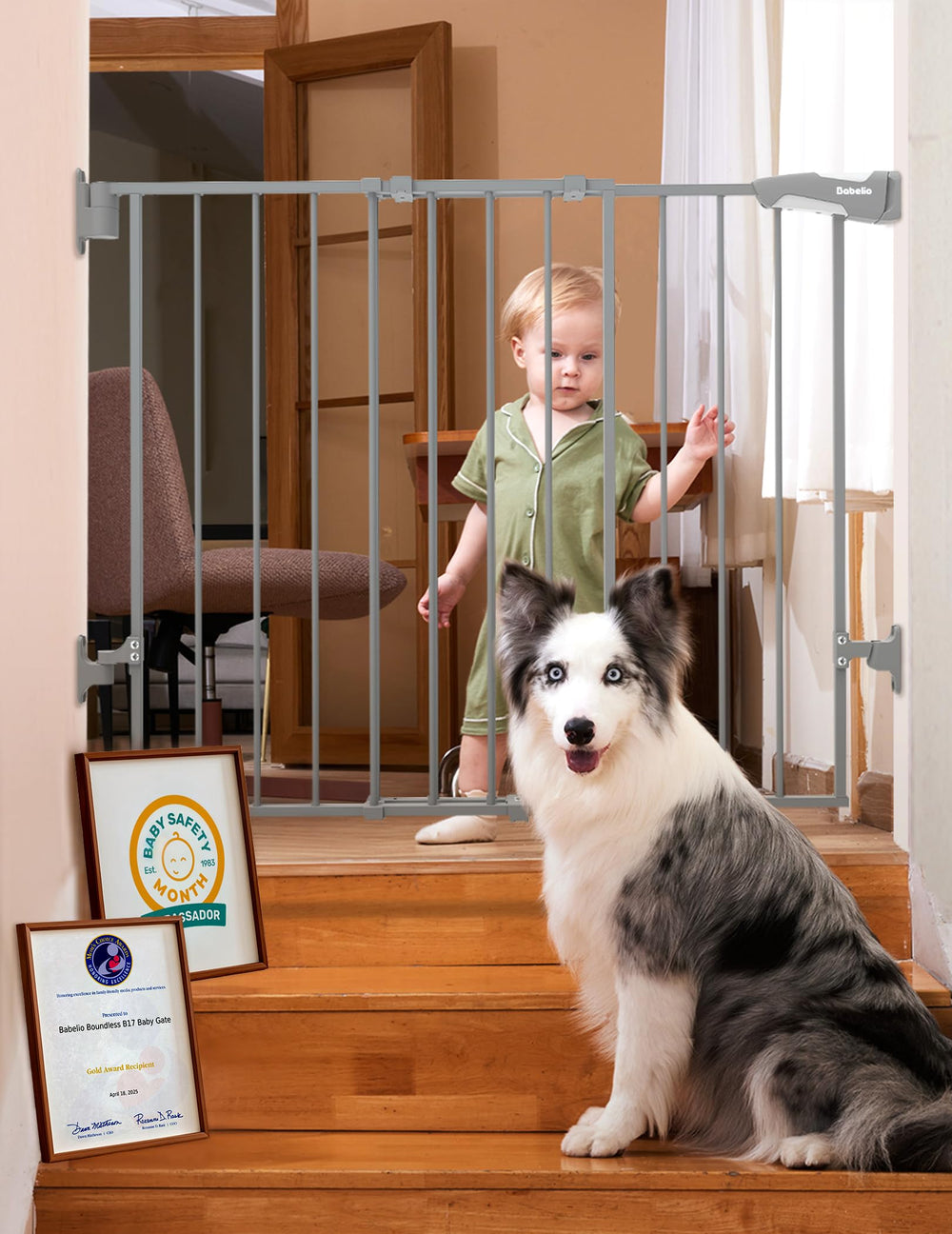 BABELIO baby gate on stairs with adjustable width for stairs and doorways