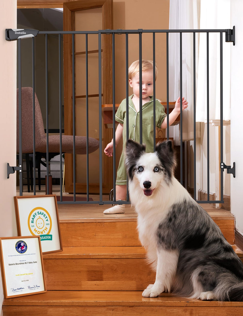 BABELIO baby gate on stairs with hardware mount for sturdy top-of-stair safety.