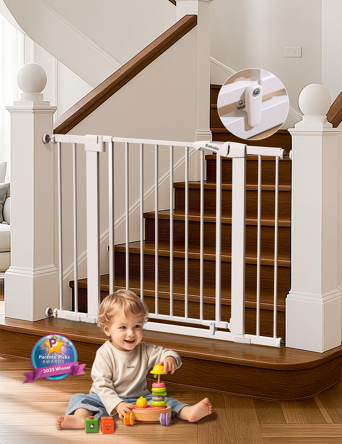 BABELIO baby gate on stairs showing easy magnetic closure for one-handed use