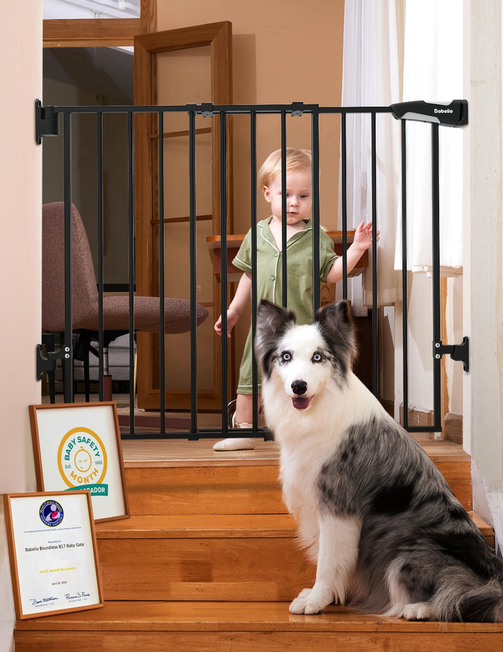 Babelio Baby Gate on stairs with adjustable width for secure openings