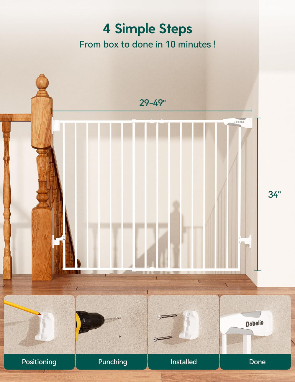 Babelio Baby Gate top-stair safety setup in a modern home.