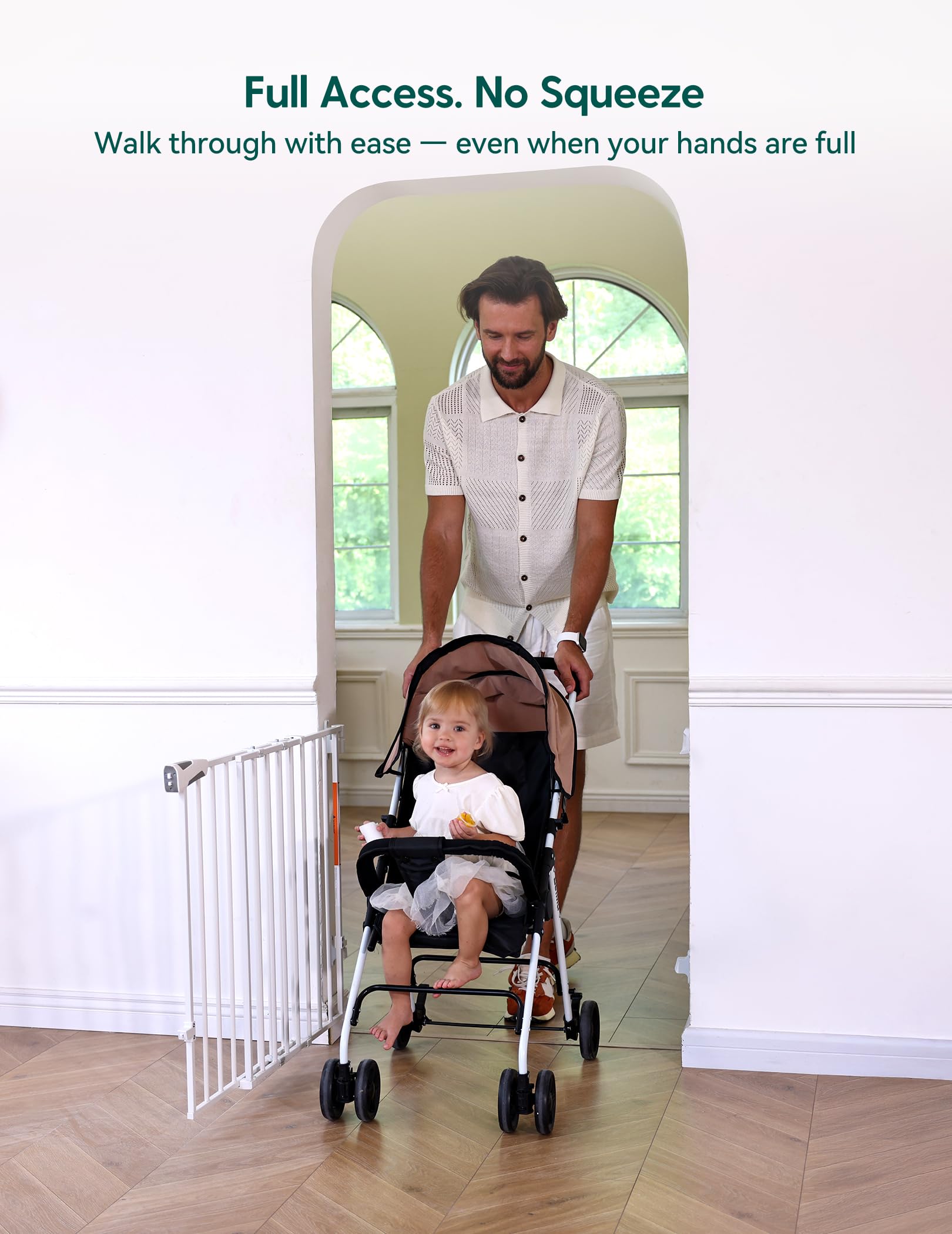 Babelio Baby Gate walk-through doorway with sill-free design for easy passage.