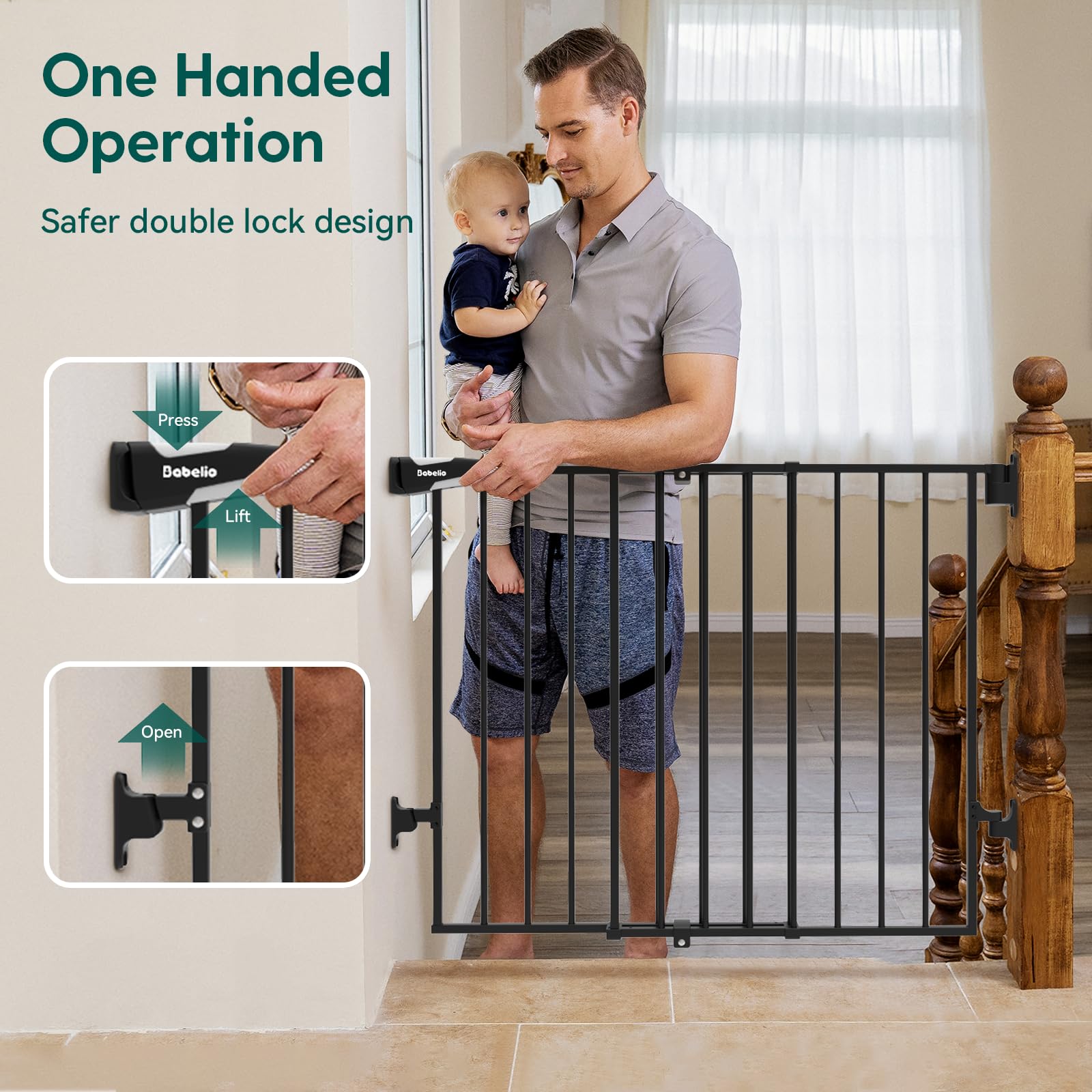Wide walk-through opening for easy passage through stairs and thresholds