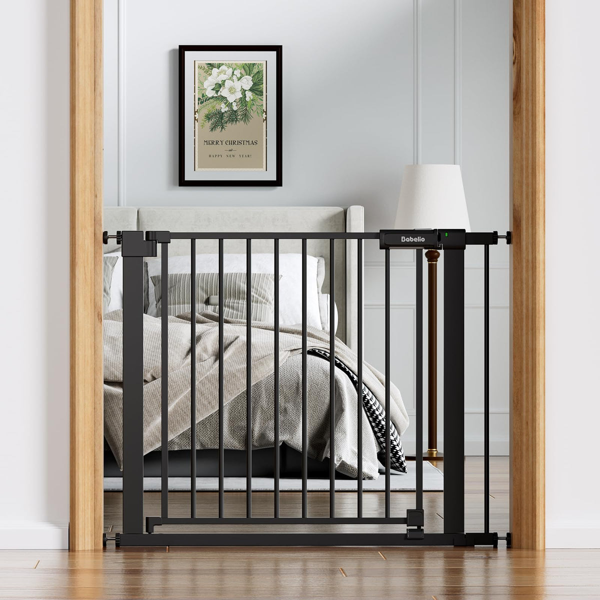 BABELIO Baby Gate with wide walk-through doorway for easy passage with a stroller.