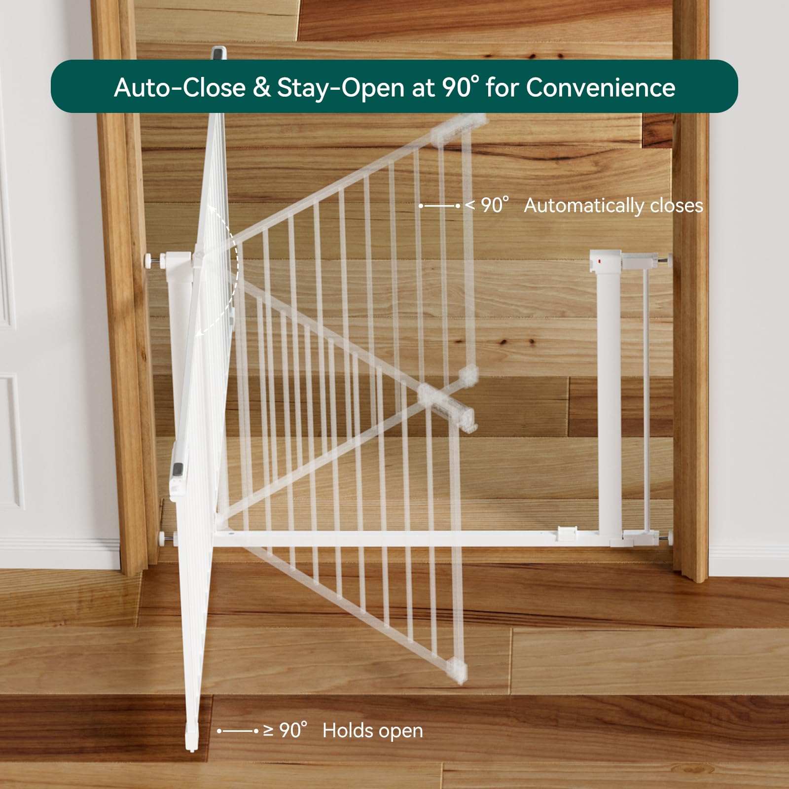 BABELIO baby gate supports stair banisters with optional Y-spindle rods.