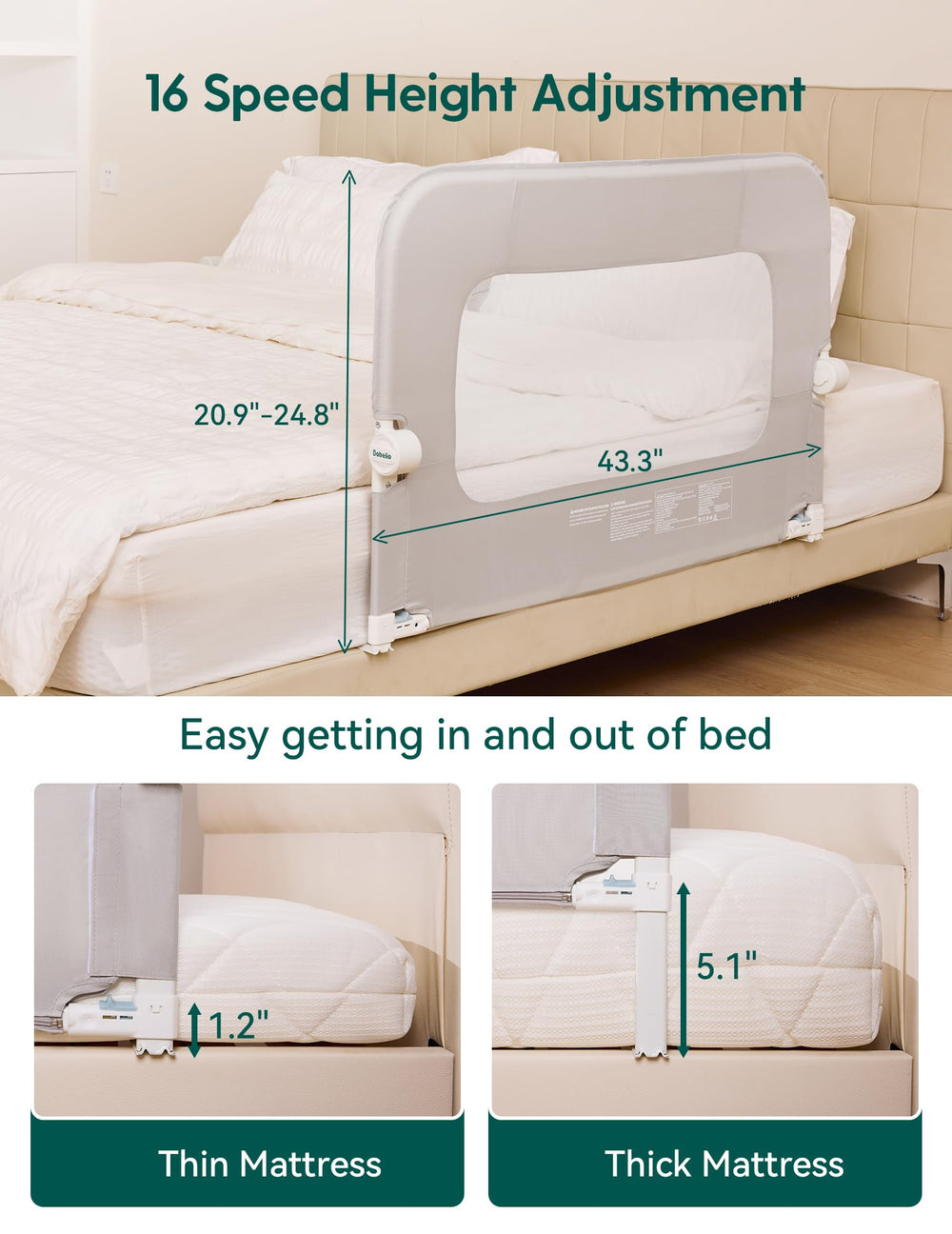 BABELIO height-adjustable rail fits different mattresses for versatile room setups.