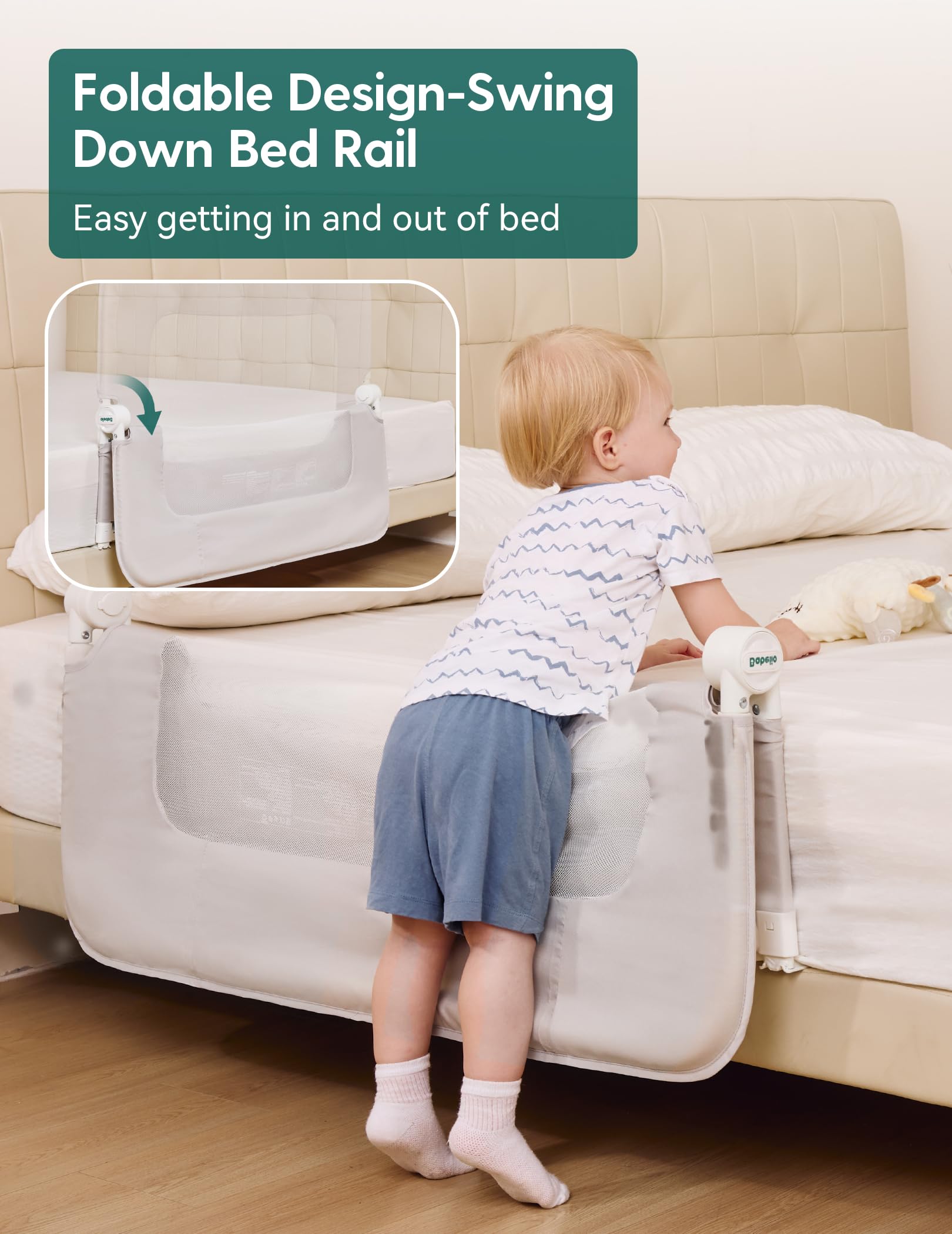 BABELIO bed rail swing-down design allows easy entry and exit for kids.