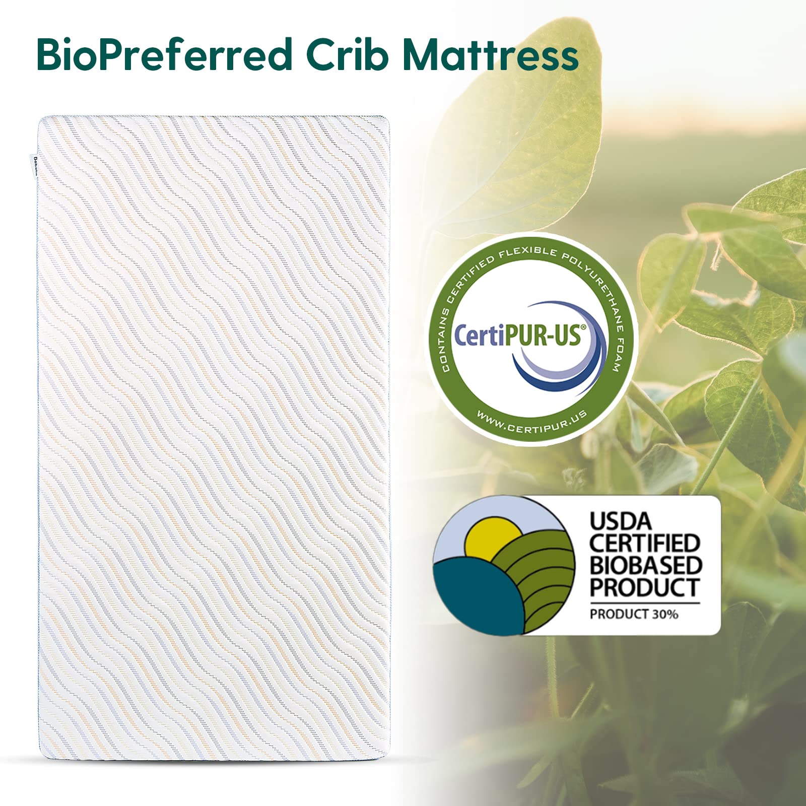 BABELIO Biobased crib mattress with toddler soft memory foam side for growing comfort