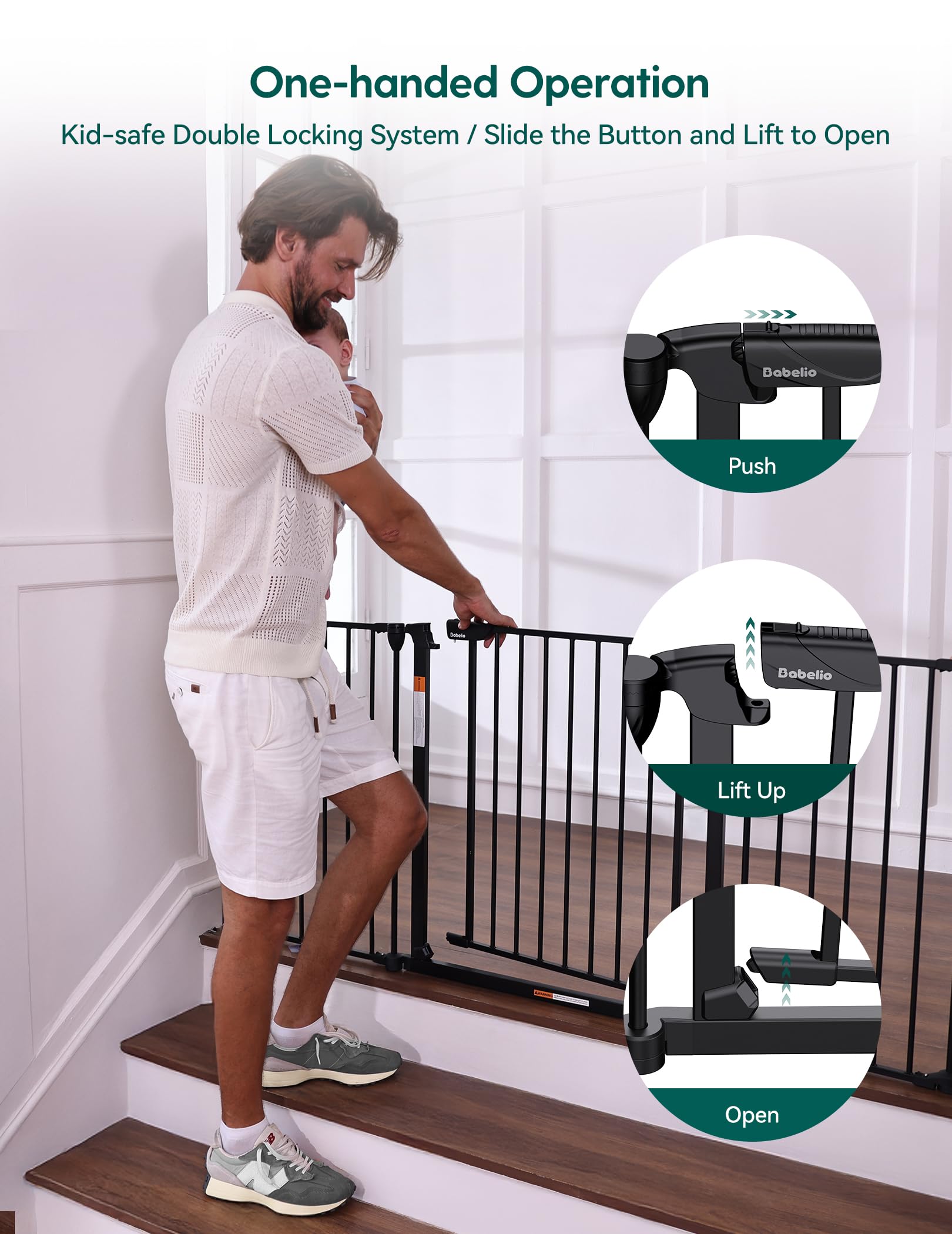 BABELIO gate features double-lock and auto-close for safety.