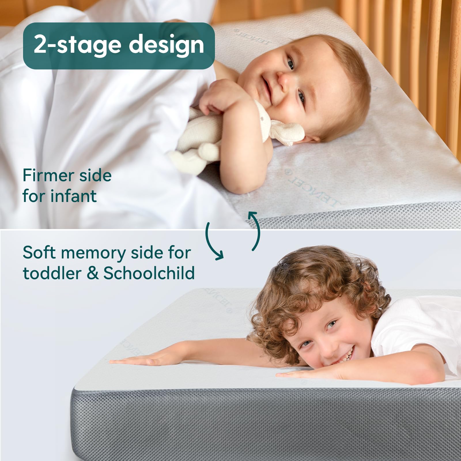 BABELIO dual-sided sleep design supports growth from infant to toddler.